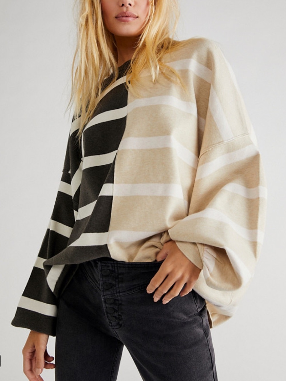 Free People Uptown Stripe Pullover Sweater in Beige and Charcoal Gray/Brown